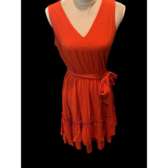 Calvin Klein Belted Ruffle Hem Gauze Dress Clay Burnt Orange Sz 2 SEC Gameday - Picture 1 of 6